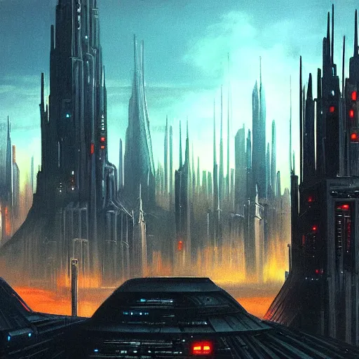 Prompt: dystopian evil cyberpunk cityscape, giant spires and buildings, 1 9 7 0 s star wars concept art painting