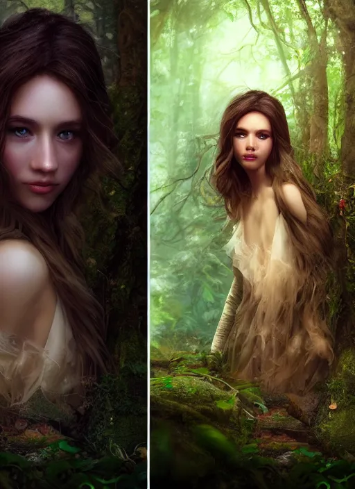 Image similar to portrait of a gorgeous princess of the forest, 8k render, ultra realistic, cinematic lighting, artstation, Annie Leibovitz, artgerm
