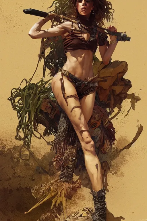 Image similar to a full body portrait of a beautiful post apocalyptic offworld desert savage rogue in ballet pose by the emerald oasis pools, intricate, elegant, highly detailed, digital painting, artstation, concept art, smooth, sharp focus, illustration, art by krenz cushart and artem demura and alphonse mucha