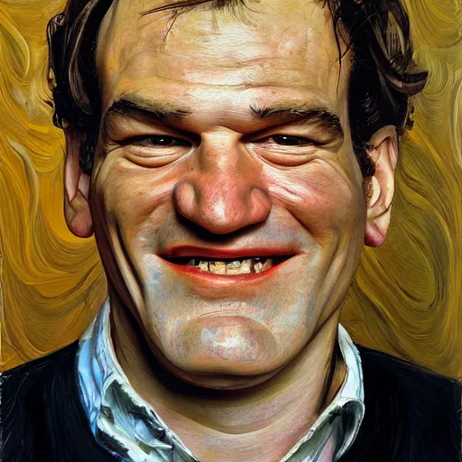 Image similar to high quality high detail painting by lucian freud, hd, portrait of smiling tarantino