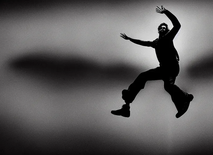 Image similar to Award winning Editorial photo of a man jumping 20 feet into the air during an eclipse Lee Jeffries, 85mm ND 5, perfect lighting, gelatin silver process