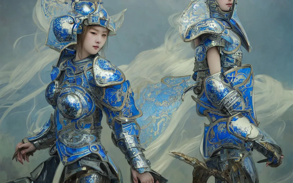 Prompt: knights of zodiac girl, chinese blue and white porcelain reflected armor, armor knight cinematic shot, in ruined agora of athens, ssci - fi and fantasy, intricate and very very beautiful and elegant, highly detailed, digital painting, artstation, concept art, smooth and sharp focus, illustration, art by tian zi and wlop and alphonse mucha