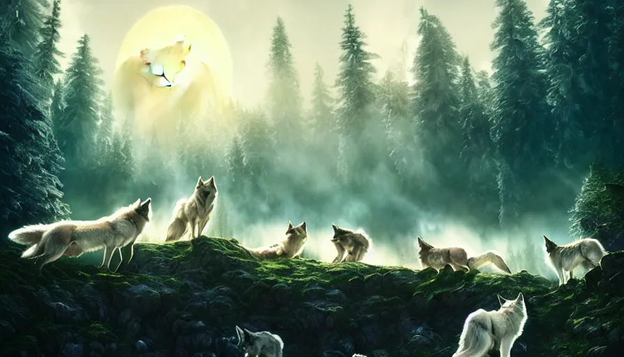 Prompt: dreamy fantasy pack of wolves, bright, white, epic scene, matte painting, highly detailed, high quality, 8 k, 4 k, octane render, digital painting, alena aenami, lilia alvarado, shinji aramaki, karol bak, alphonse mucha, tom bagshaw