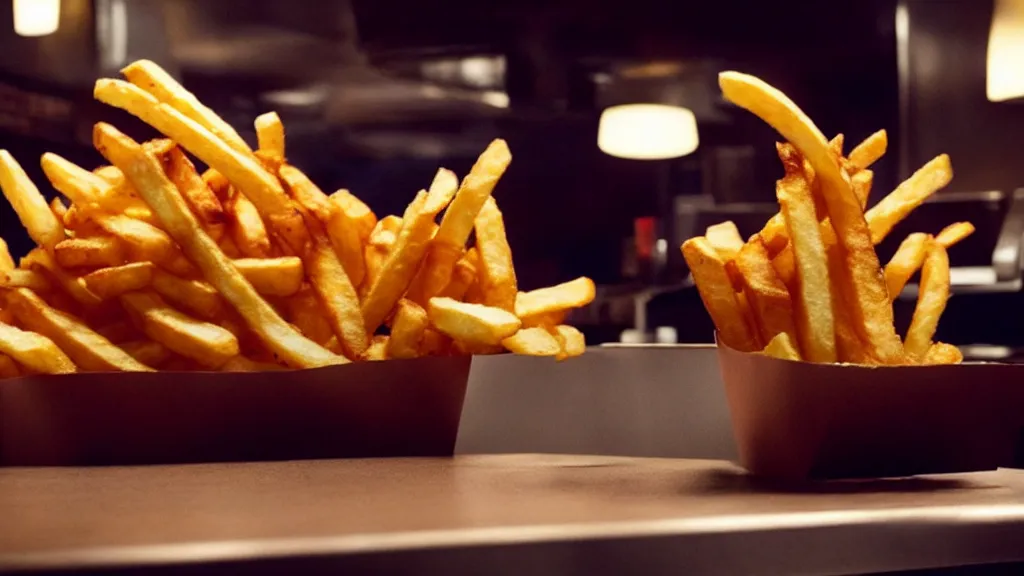 Image similar to the strange french fry creature at the fast food place, film still from the movie directed by denis villeneuve and david cronenberg with art direction by salvador dali, wide lens