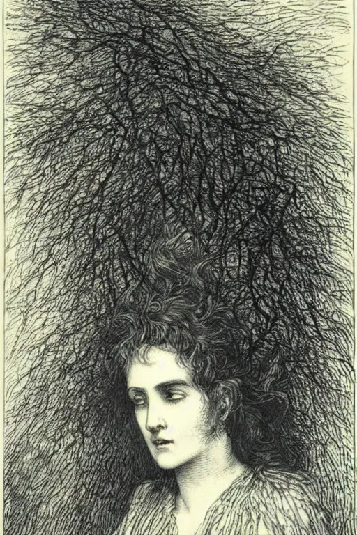 Prompt: extreme close-up hair covering a woman\'s face, forest background, Gustave Dore lithography