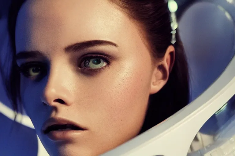 Image similar to VFX movie of a futuristic space woman gorgeous closeup portrait in future spaceship, beautiful natural skin neon lighting by Emmanuel Lubezki