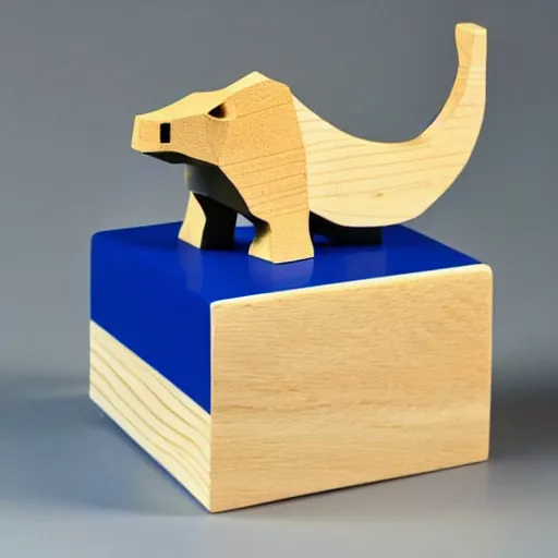 Image similar to a beautiful!!!!! minimalist curvy shaped small sculpture of hippopotamus!!!, ( ( wood ) ) and ( ( blue epoxy ) ), cubic blocks mix stripes cuts, side view profile centered, curves design, minimal, ambient, wood r