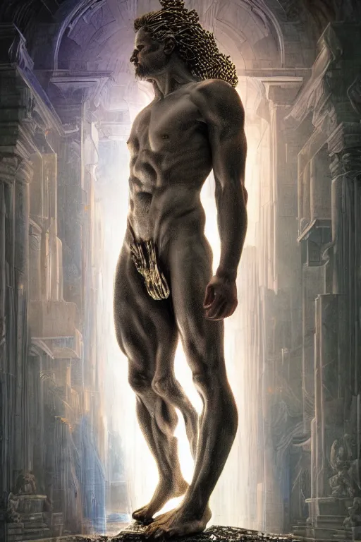 Image similar to hyperrealistic mixed media painting of zeus, full body, stunning 3 d render inspired art by p. craig russell and barry windsor - smith dim volumetric lighting, 8 k octane beautifully detailed render, post - processing, intricate, epic composition, grim yet sparkling atmosphere, cinematic lighting