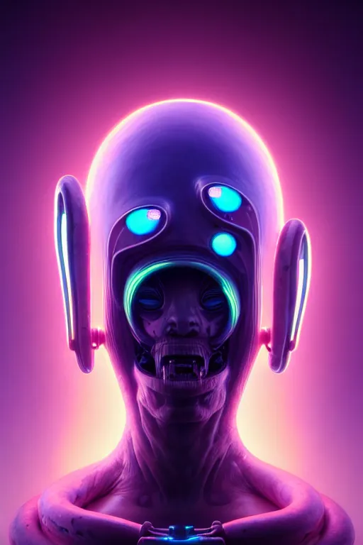 Image similar to portrait of a cute smiling bioluminescent creature, cyberpunk, dark retrowave, highly detailed, asymmetrical artwork, cinematic, hyperrealism, art by zdzisław beksinski and stanley lau and artgerm and magali villeneuve and alphonse mucha, artstation, octane render, unreal engine, 8 k, aperture f 1. 2