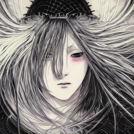 Prompt: yoshitaka amano blurred and dreamy illustration of an anime girl with black eyes, wavy white hair fluttering in the wind and cracks on her face wearing elden ring armor with engraving, abstract black and white patterns on the background, noisy film grain effect, highly detailed, renaissance oil painting, weird portrait angle, three quarter view, head turned to the side