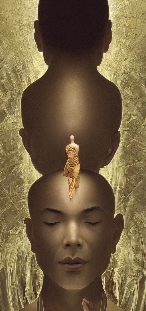 Image similar to ultra realistic illustration, a serene buddhist monk experiencing ego death, cyberpunk, sci-fi, fantasy, intricate, elegant, highly detailed, digital painting, artstation, concept art, smooth, sharp focus, illustration, art by artgerm and greg rutkowski and alphonse mucha, rene magritte, surrealism