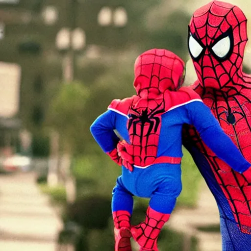 Image similar to spiderman holding baby wearing spiderman costumes, an film still