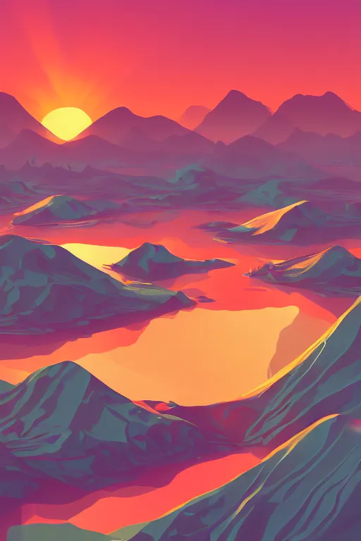 Image similar to sunrise mountain water vector illustration digital art by james gilleard trending on artstation