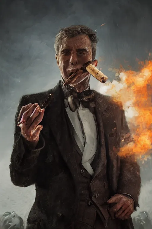 Prompt: a epic portait of a man wearing a dark formal overcoat and smoking a cigar with a battlefield in the background, portait photo, hyperrealistic, concept art, digital art, high quality, highly detailed, fantasy style, dramatic lighting, 8k hdr, oil painting, epic image, path tracing, badass pose, complementary colors, realistic face, defined face, anatomically correct, five fingers