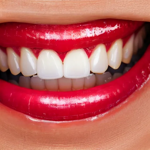 Image similar to A close-up of a smile, with the teeth and gums painted in bright colours.