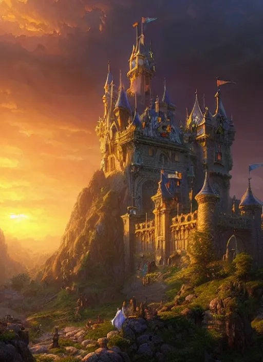Prompt: a beautiful and highly ornamented fantasy castle on a stone arch at sunset, cinematic view, epic sky, detailed, concept art, low angle, high detail, warm lighting, volumetric, godrays, vivid, beautiful, trending on artstation, by jordan grimmer, huge scene, grass, art greg rutkowski and alphonse mucha