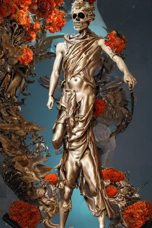Prompt: a young handsome Spanish prince in a full-body bronze cyberpunk style statue of Icarus with glowing orange eyes, crown of white roses, flowing teal-colored silk, fabric, flowers. baroque elements, human skull. full-length view. baroque element. intricate artwork by caravaggio. many many birds birds on background. Trending on artstation, octane render, cinematic lighting from the right, hyper realism, octane render, 8k, depth of field, 3D