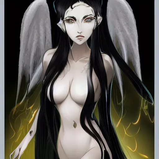 Image similar to An impeccable beauty, Albedo is a woman with lustrous jet-black hair and the face of a goddess. She has golden irises and vertically split pupils; on her left and right temples are two thick horns protruding crookedly, and on her waist are a pair of black angel wings. Albedo wears a pure white dress with silky gloves covering her slender hands and a golden spiderweb necklace that covers her shoulders and chest. In combat, she wears an impressive black full plate armor with a unique helmet and carries a battle-axe with her. Octane Render, Photorealistic Render, Hyper Realistic, Noir