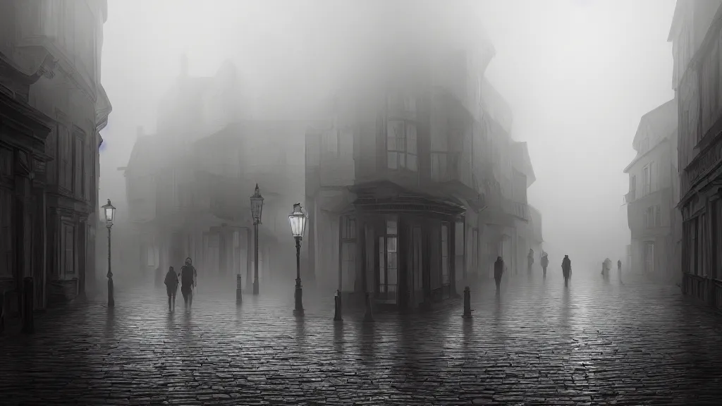 Image similar to many peoples on street of the old town with houses in the windows of which the light is on. early morning, fog on ground, wet street. mike barr painting. volumetric light, dull colors, dark, noir arthouse, 3 5 mm, hight detalied, hd, 4 k