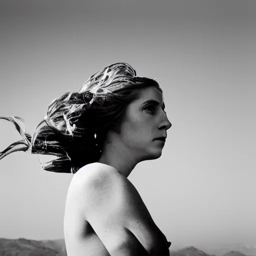 Image similar to wide angle length photgraph of a Helen of Troy, wearing a diadem, her hair blowing in the wind, dramatic lighting, by Annie Leibovitz Carl Zeiss 135mm nikon