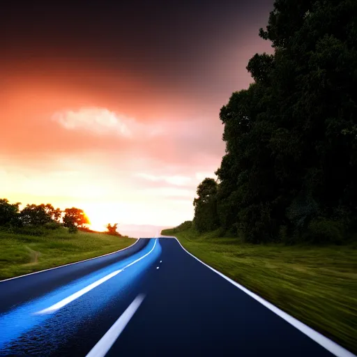 Prompt: a blue car drives down a road towards the sunset while it is raining. super realistic 8 k render of a dark hooded powerful elegant, cinematic composition