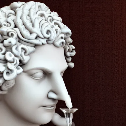 Image similar to a 3 d white reneissance statue head drinking a coctail, 3 d render