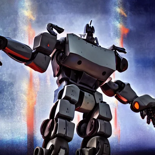 Image similar to transforming robot autobot standing tall with weapon drawn ready for battle, full body