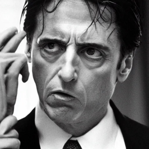 Image similar to Al Pacino as The American Psycho, cinematic still, sweating hard