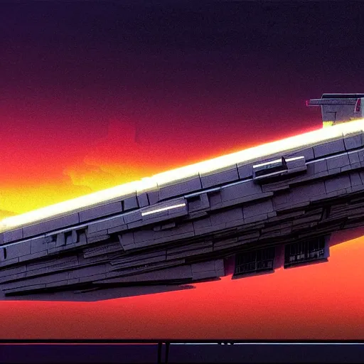 Prompt: star destroyer, brick buildings urban street neon futuristic cyberpunk vaporwave tron glow sunset clouds sky illustration by syd mead concept art