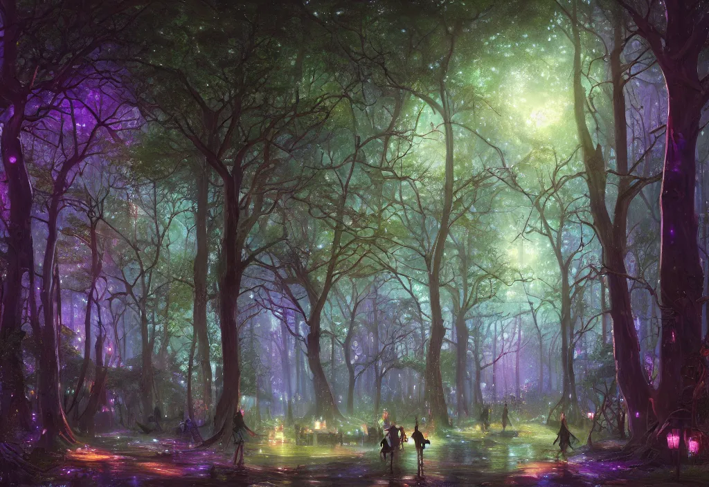 Prompt: Lothlorien at night, very dark with green lights, blue lights and purple lights, elven forest town with houses up in the trees, oil painting, dramatic lighting, Jakub Kasper, Makoto Shinkai, Simon Stålenhag, hyperrealistic, cinematic, elegant, intricate