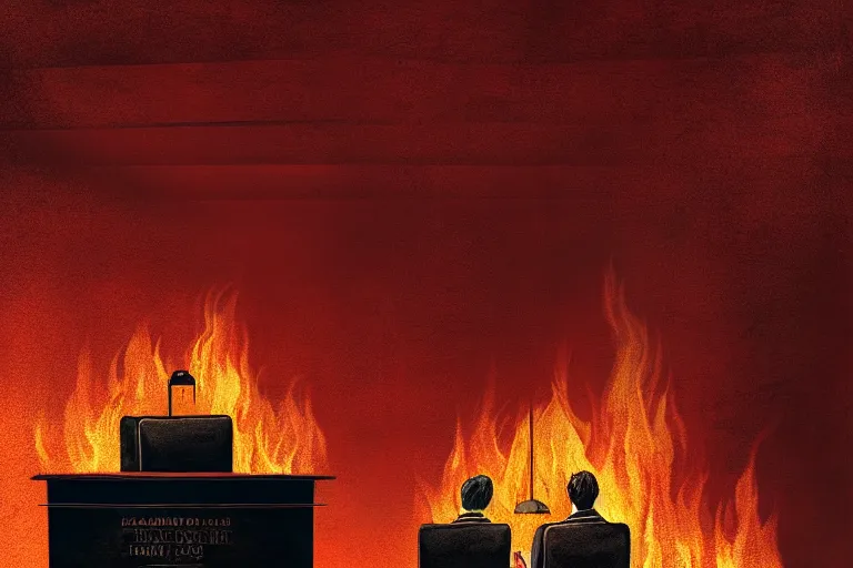 Image similar to editorial illustration by Karolis Strautniekas and Mads Berg, colorful, courtroom the bench,trial, witness stand on fire,fine texture,detailed, matte colors,film noir, dramatic lighting, dynamic composition,moody, vivid
