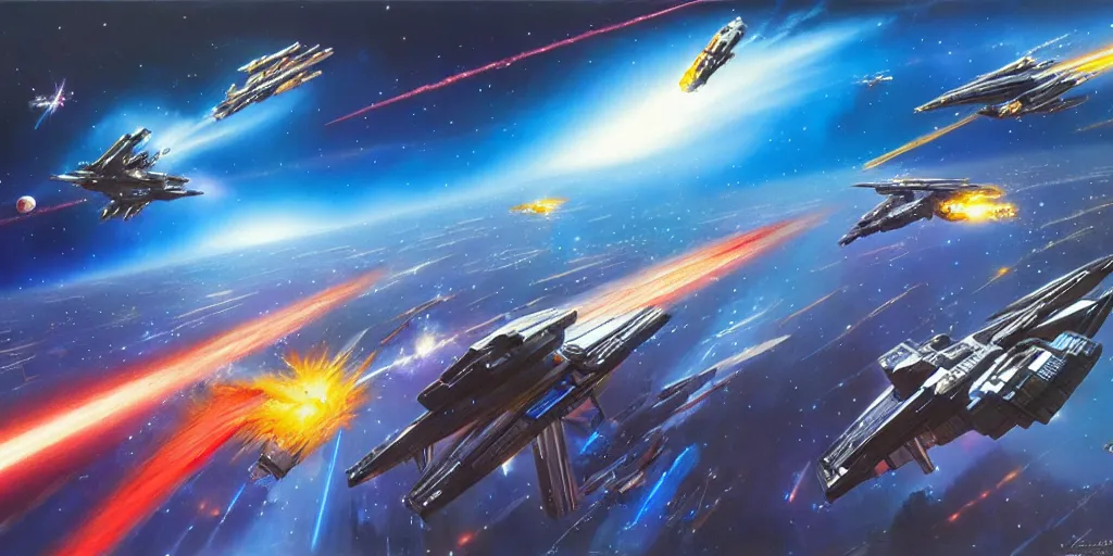 Prompt: a beautiful space battle, lightning, angry, kinetic, ralph mcquarrie, jama jurabaev, syd mead, john berkey, robert mccall trending on artstation, highly detailed oil painting