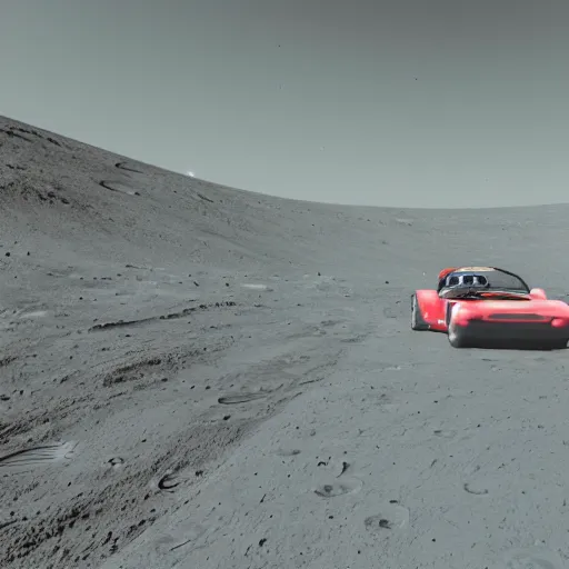 Prompt: render of astronaut driving a red convertible sports car on the moon, 3 5 mm, full - hd