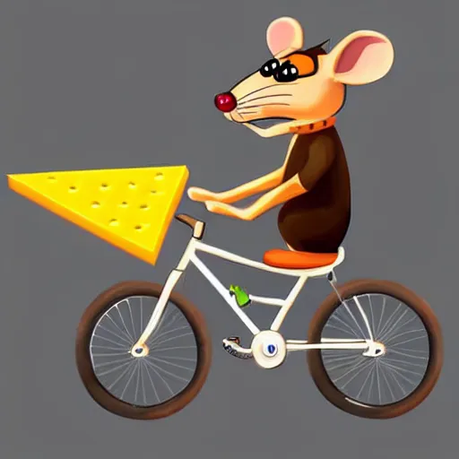 Image similar to digital painting of a cartoonish rat, it's riding a bike that is made of swiss cheese, bike looks like cheese greg rutowski, artstation