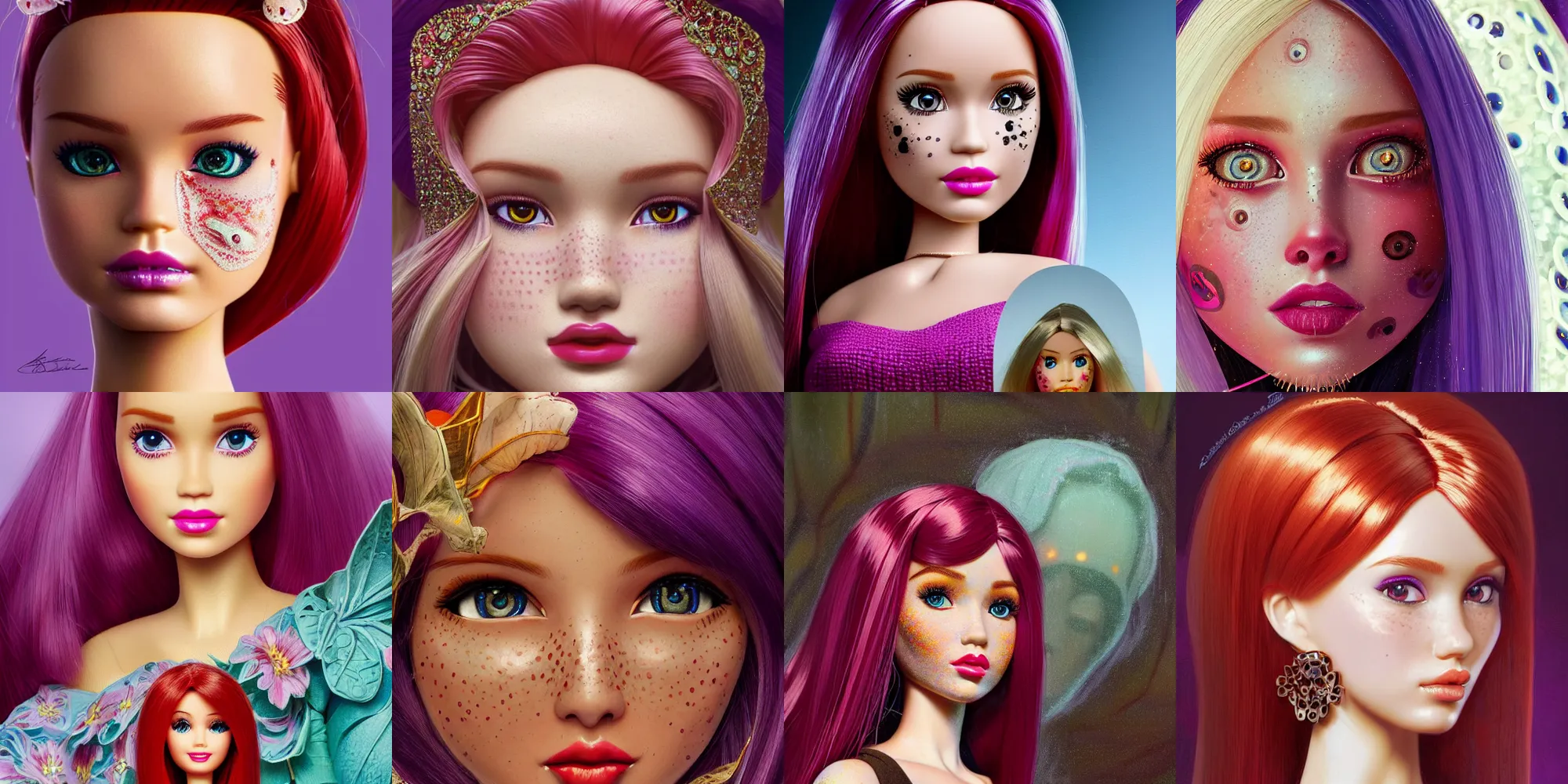 Prompt: close up portrait of a Barbie doll and matryoshka with red hair and freckles, intricate, elegant. highly detailed, digital painting, artstation, concept art, smooth, sharp, focus, illustration. background is purple, art by artgerm and greg rutkowski and alphonse mucha,