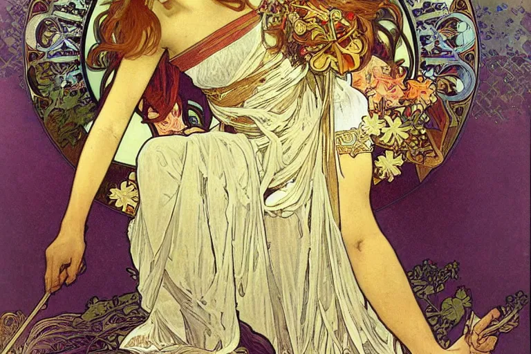 Prompt: monica lewinski as the greek goddess of second chances, painting by alphonse mucha