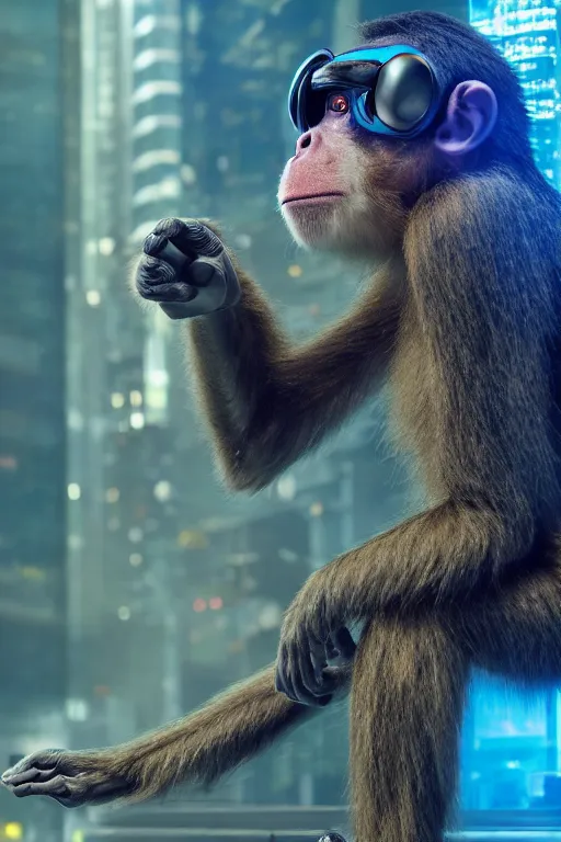 Image similar to Photography of ultra mega super hyper realistic detailed monkey in cyberpunk suit with many details by Hiromasa Ogura . Photo made from 30 meters distance on Leica Q2 Camera, Rendered in VRAY and DaVinci Resolve and MAXWELL and LUMION 3D, Volumetric cyan gold natural light