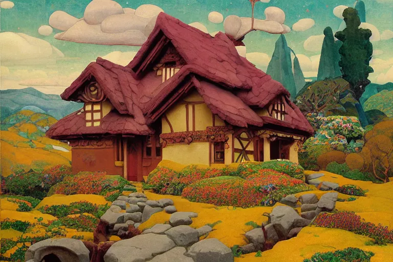 Image similar to the enchanted cottage and gardens of a wise woman on a mountaintop, dramatic cinematic lighting, folk-art carved painted wood house, rich colors, fairytale illustration, by Nicholas Roerich and William Dyce and ford madox brown and April Gornik and Caspar David Friedrich and Diego Rivera and Tyler Edlin and Ivan Bilibin