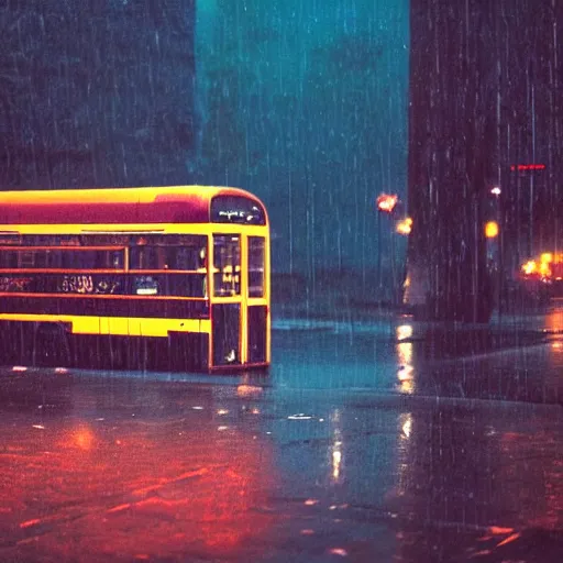 Prompt: 1990s perfect 8K HD professional cinematic photo of a bus stop in dystopian world, at evening during rain, at instagram, Behance, Adobe Lightroom, with instagram filters, depth of field, taken with polaroid kodak portra