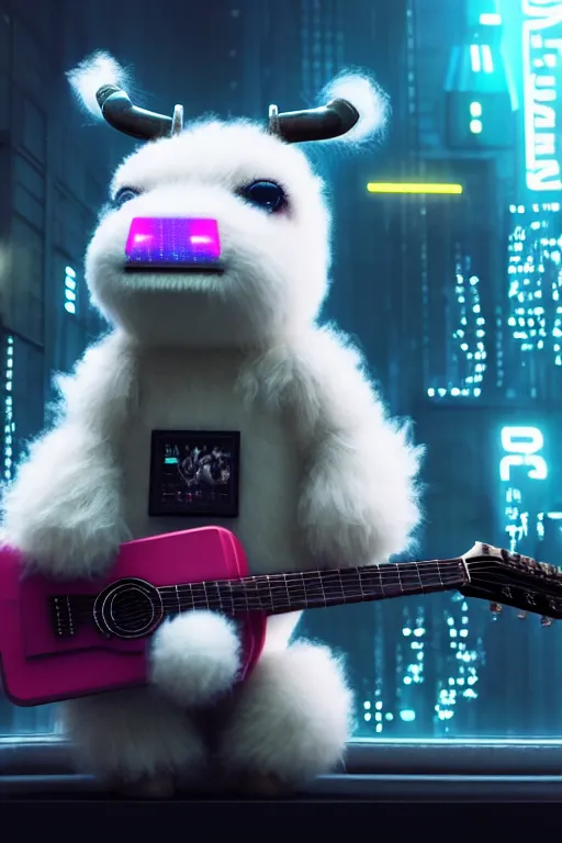 Image similar to high quality 3 d render very cute fluffy! cyborg cow plays guitar, cyberpunk highly detailed, unreal engine cinematic smooth, in the style of blade runner & detective pikachu, hannah yata charlie immer, moody light, low angle, uhd 8 k, sharp focus