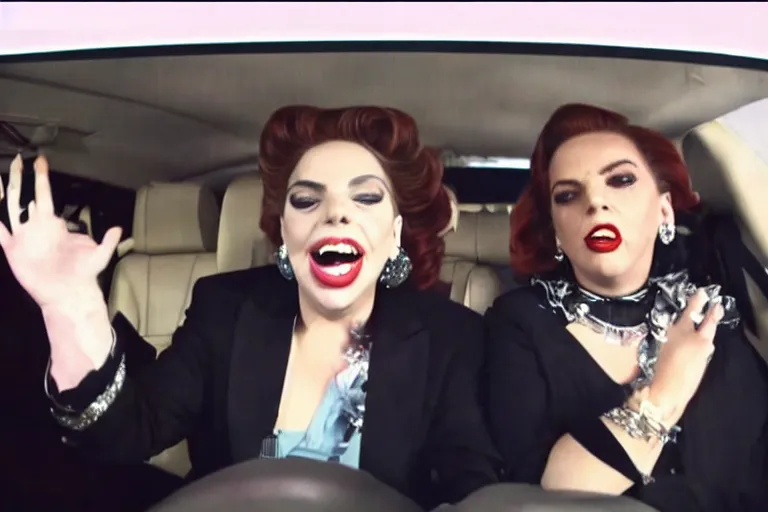 Image similar to lady gaga and judy garland doing carpool karaoke, lady gaga and judy garland, carpool karaoke, lady gaga, judy garland, carpool karaoke, youtube video screenshot, the late late show with james corden, higly realistic, high resolution, dashcam