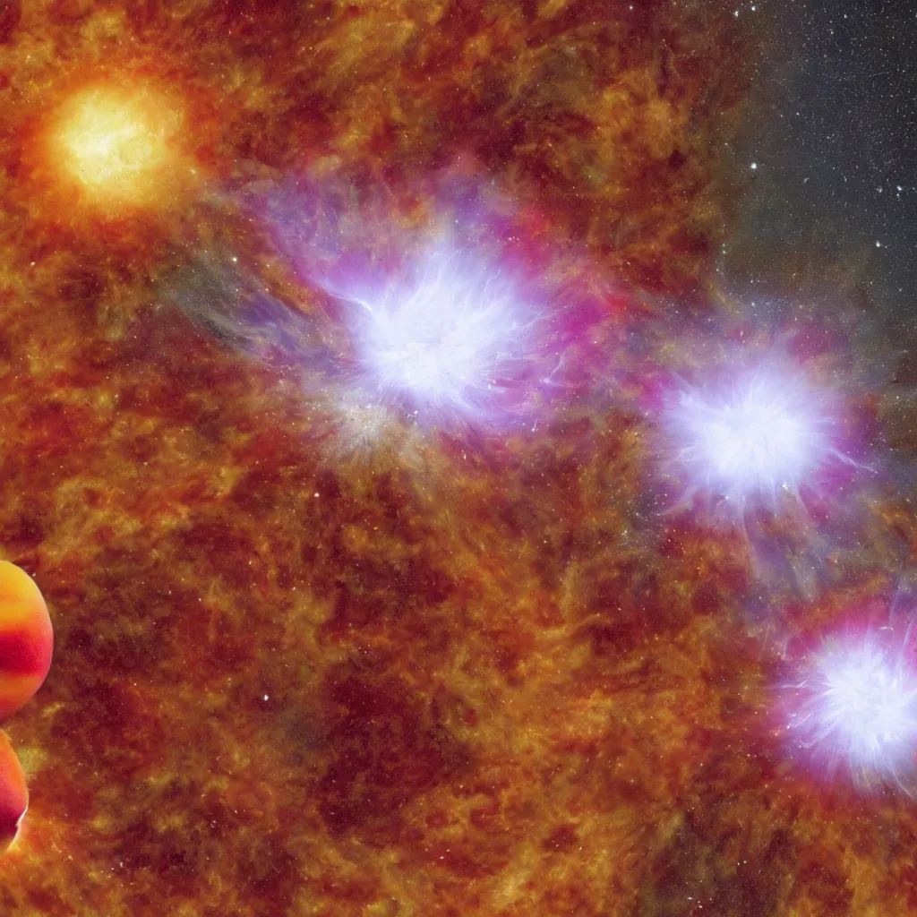 Image similar to a peach-like neutron star is bursting and throwing strawberry to all around