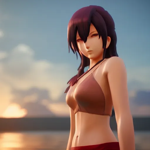 Image similar to Render of a Ryougi Shiki, full round face, golden hour, serene beach setting, medium shot, mid-shot, highly detailed, trending on Artstation, Unreal Engine 4k