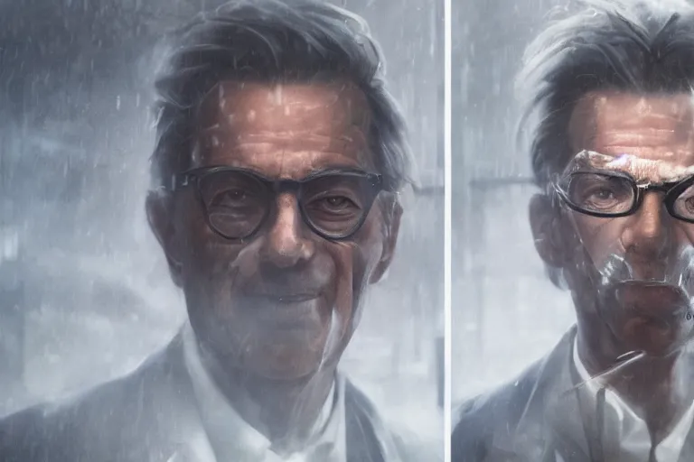 Image similar to a realistic cinematic headshot portrait of an evil scientist, stood outside a corner shop, foggy, detailed, depth of field, movie still, dramatic lighting, by krenz cushart and annie leibovitz