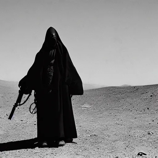 Prompt: a man wearing a long cloak and gasmask, in the desert, film still, arriflex, by Arik Roper