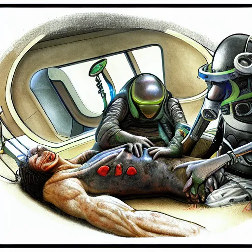 Image similar to primitive aliens caring for injured human at bedside, cinematic, worm's eye view, dramatic lighting, illustration, ron cobb, mike mignogna, science fiction, detailed painting, high detail, rough paper