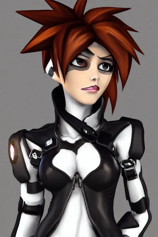 Prompt: “ digital drawing of tracer from overwatch in 3 d style, wearing black lipstick and black eyeliner, goth outfit, black hair, 4 k, detailed face, smirky expression ”