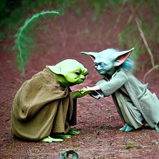 Image similar to yoda's species interacting with eachother and performing strange rituals on their home planet, award winning nature photo