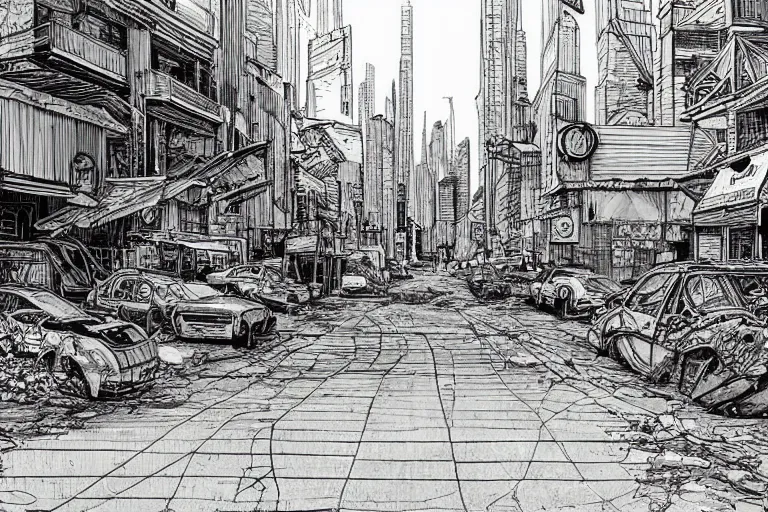 Image similar to Moebius drawing of a post apocalyptic city street