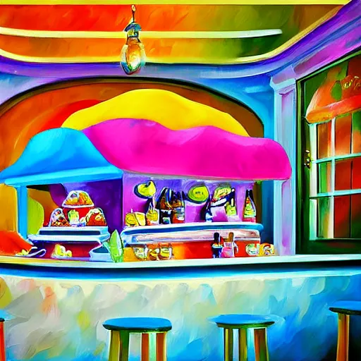 Prompt: a colorful fanciful ice cream parlor counter, by lenoid afremov